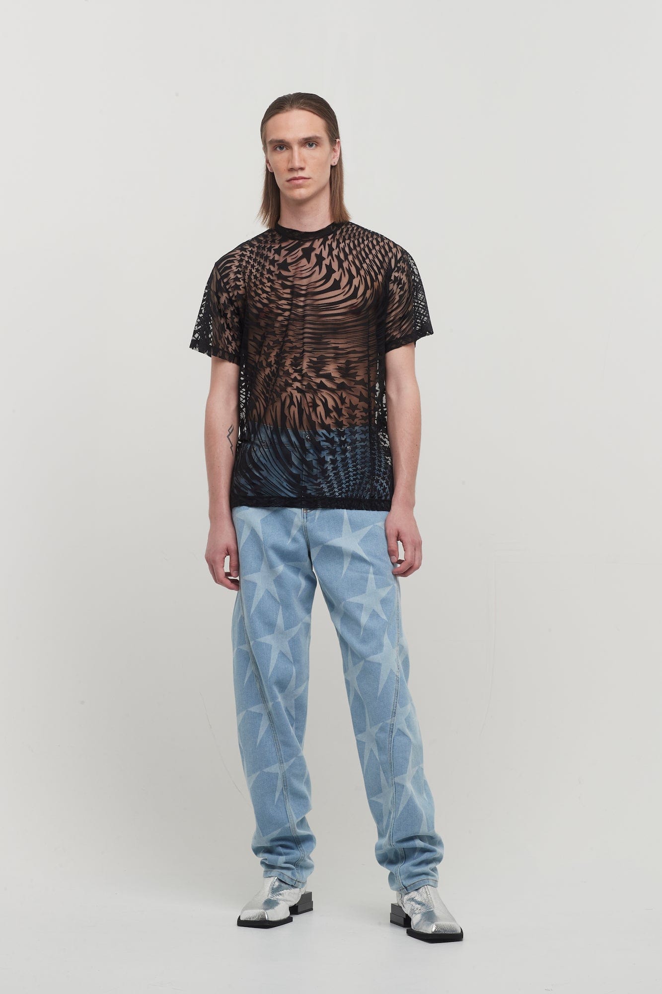 Mugler Jersey Devore Star Flow Tee Shirt in Black full look