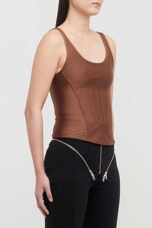 Mugler Shiny Lycra Corseted Tank Top in Cinnamon side