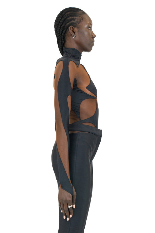 Mugler SS23 Eco Sport Bodysuit in Black Rounded Cutouts side