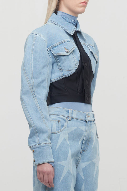 Mugler Denim Jersey Cropped Jacket on woman side