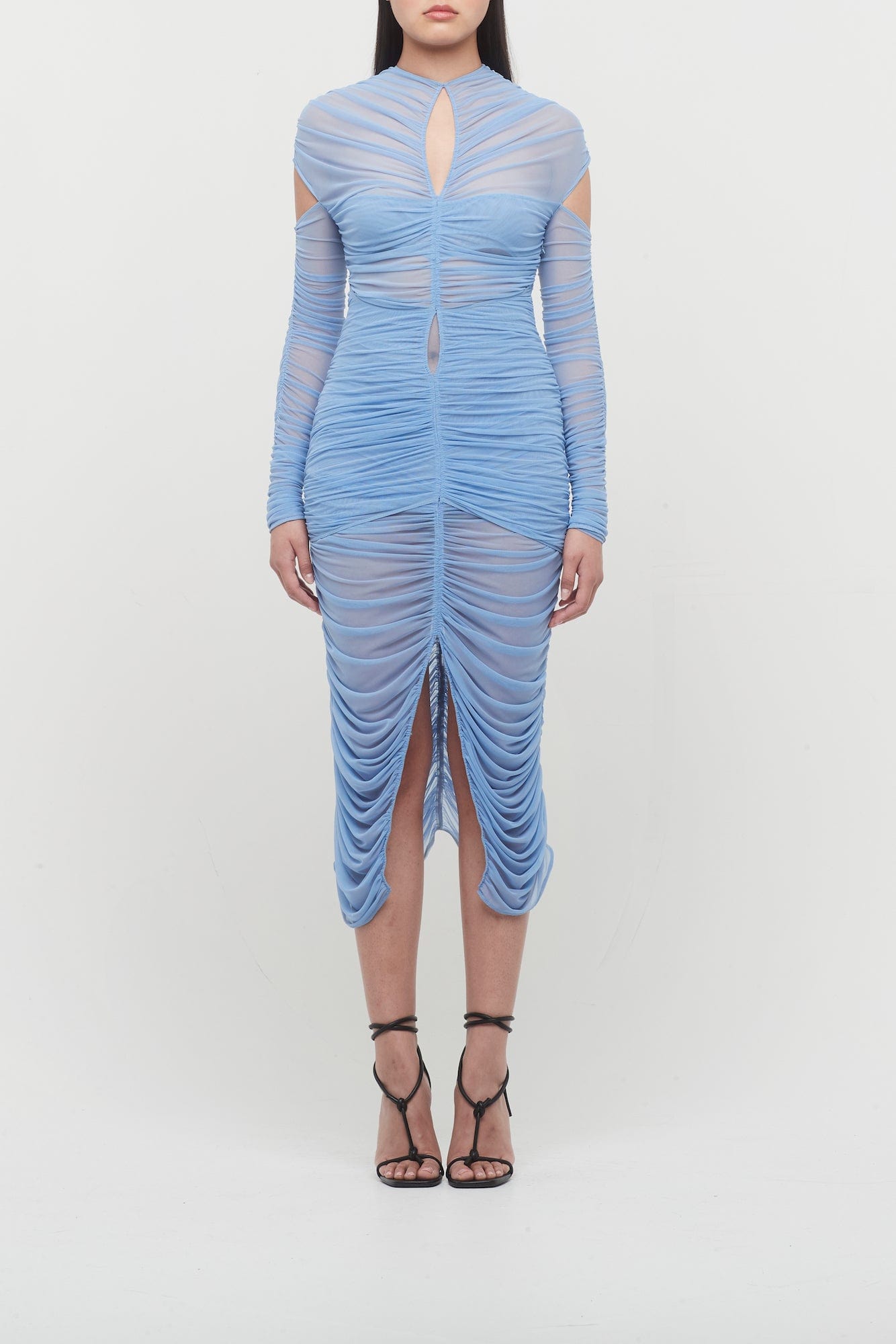Mugler Eco Mesh Ruched Dress in Silver Blue