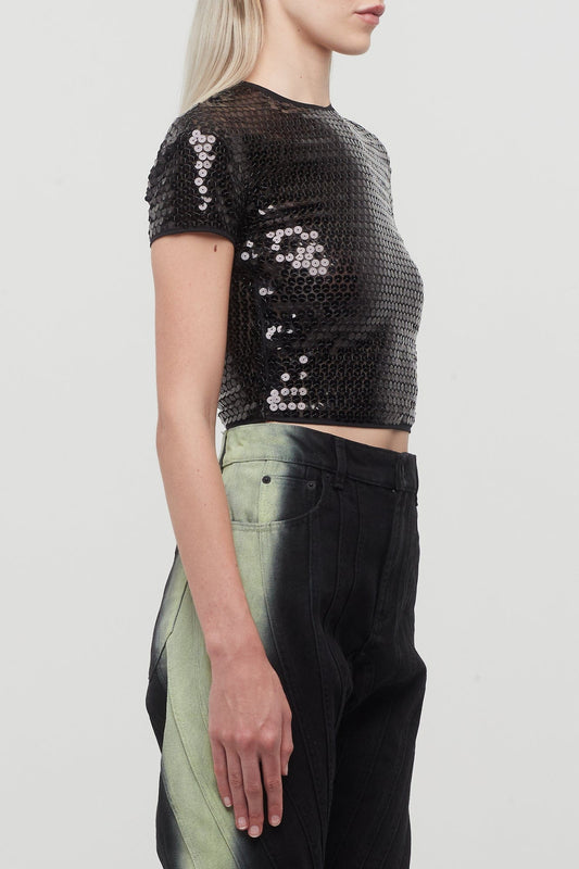 Mugler Sequin Tulle Stretch Top in Black side