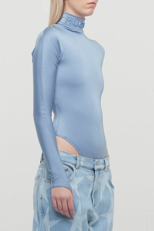 Mugler Shiny Lycra Body in Silver Blue side