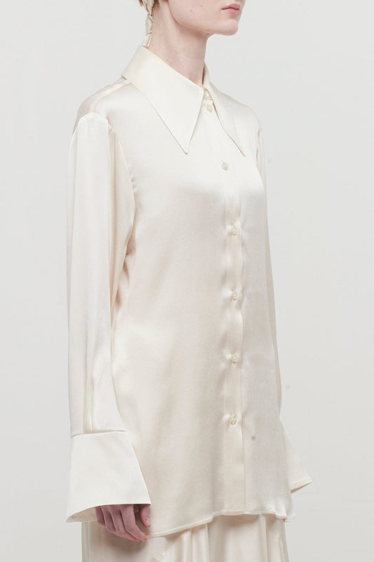 Nina Ricci 70s Light Satin Shirt with Bell Cuffs in Champagne side