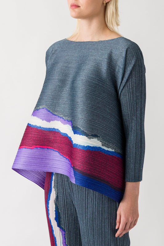 Pleats Please Issey Miyake Grainy Colors Wide Blouse in Dark Blue Gray SS25 side