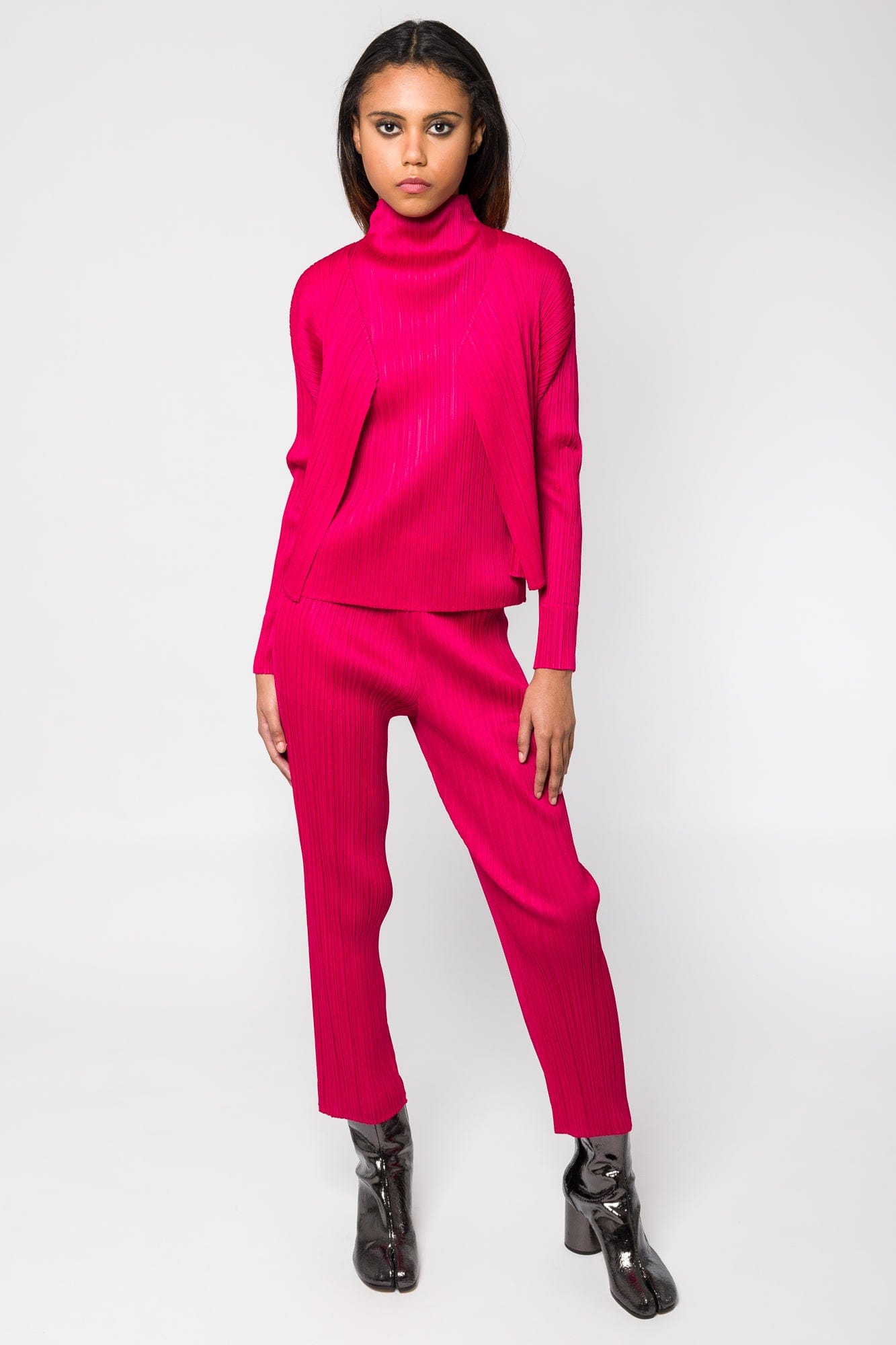 Pleats Please Issey Miyake New Colorful Basics Pants 4 in Carmine full look