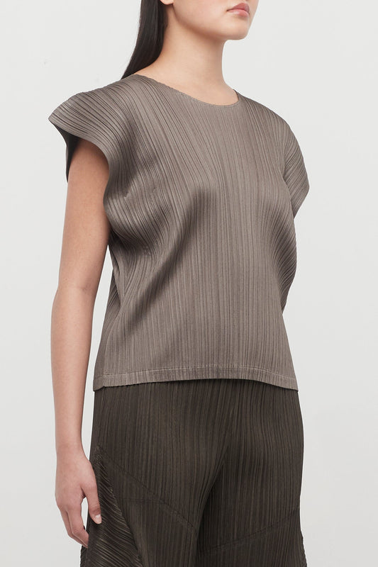 Pleats Please Issey Miyake March Cap Sleeve Top in Khaki side