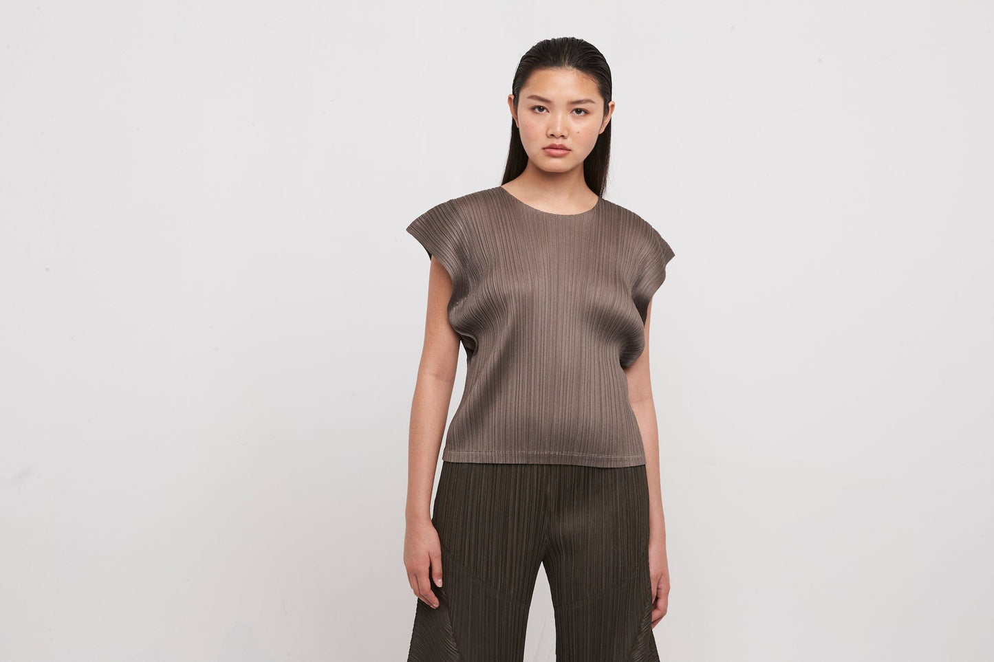 Pleats Please Issey Miyake March Cap Sleeve Top in Khaki detail