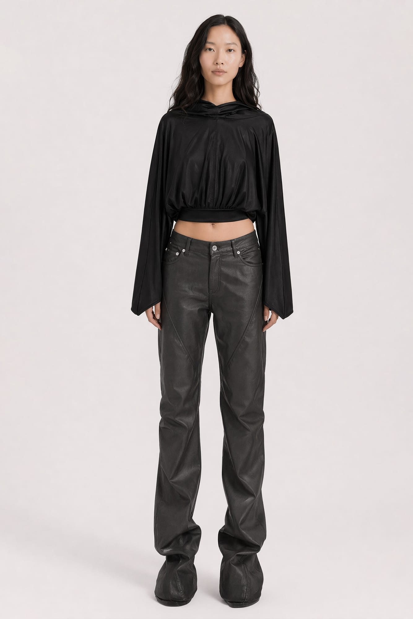 Rick Owens DRKSHDW Hooded Cropped Top in Black full look