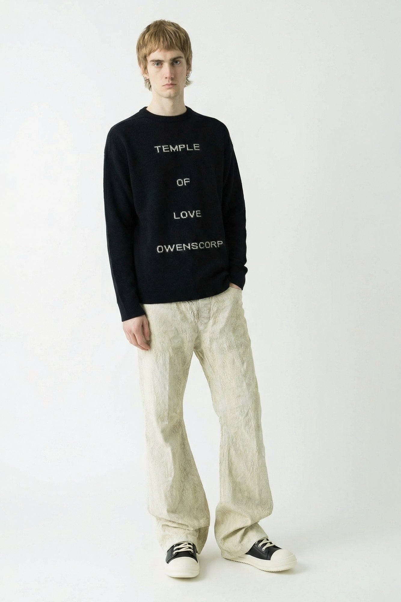 Rick Owens Maglia Round Neck Sweater in Black/Butter SS26 full look