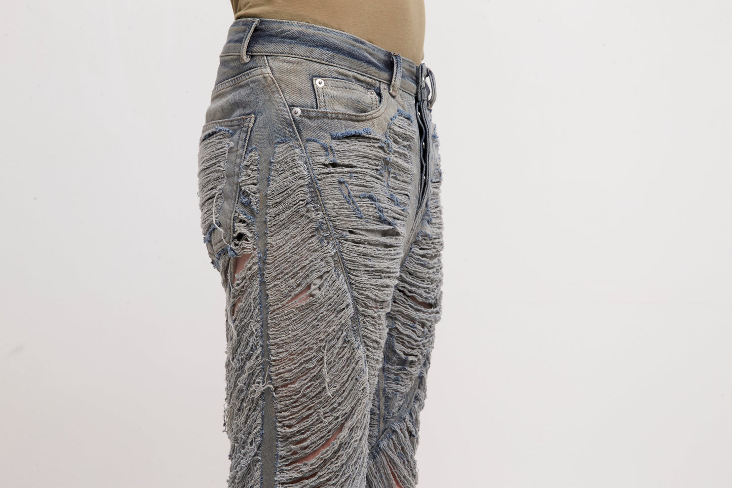 Rick Owens Bias bootcut Jeans in Shredded Hustler Blue detail