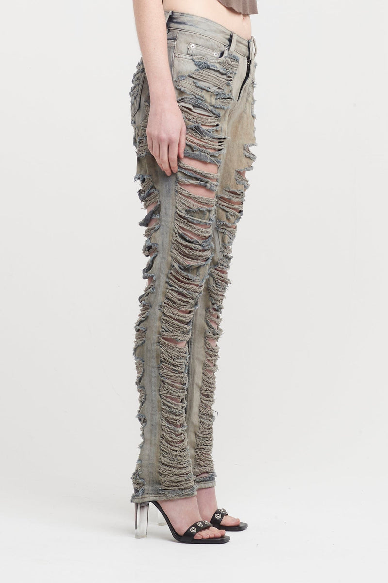 Rick Owens DRKSHDW Detroit Cut Denim in Mineral Pearl Shredded