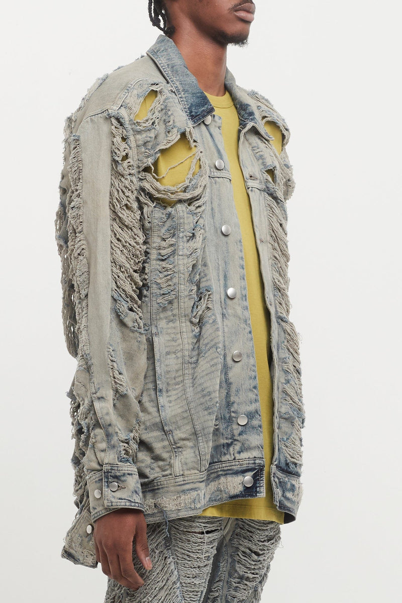 Rick Owens Jumbo Worker Jacket in Shredded Hustler Denim