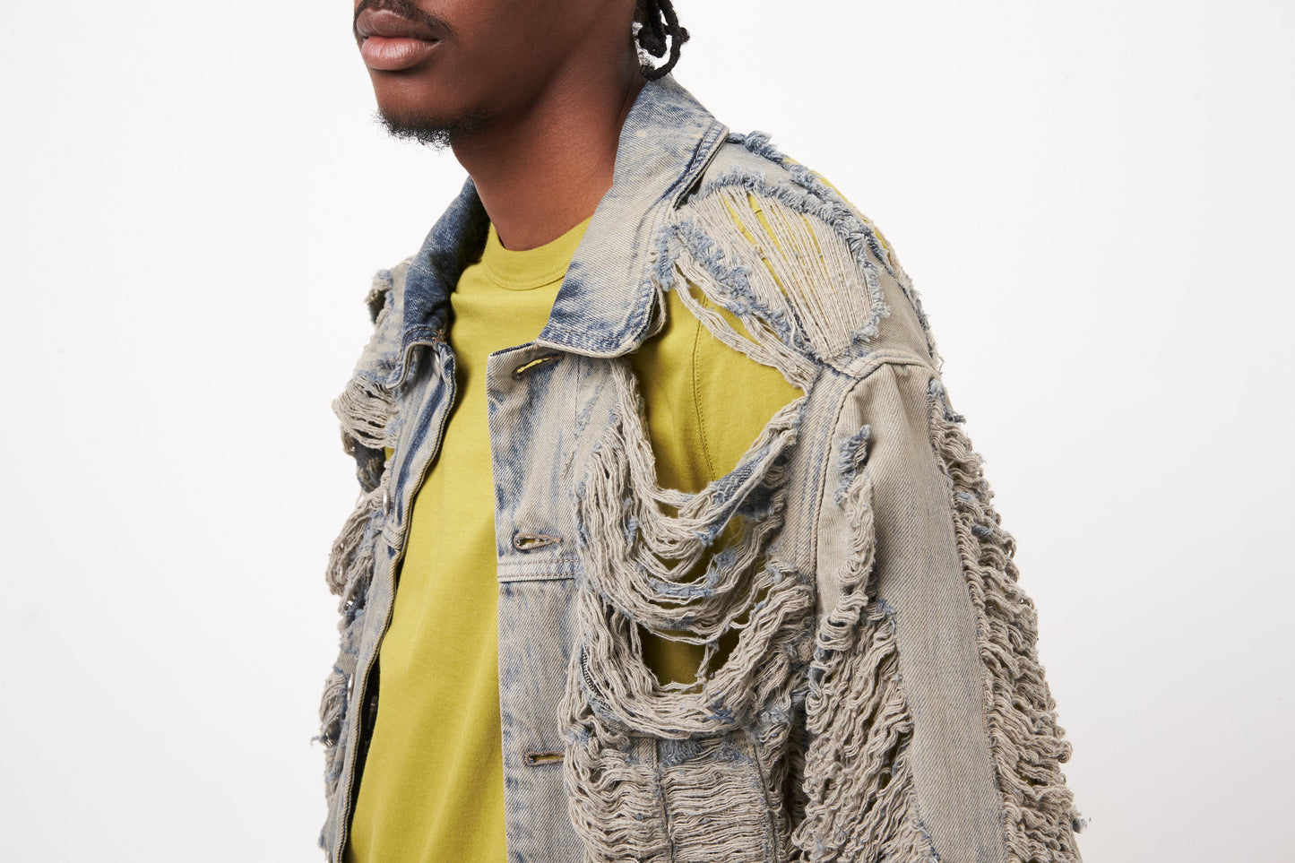Rick Owens Jumbo Worker Jacket in Shredded Hustler Denim detail