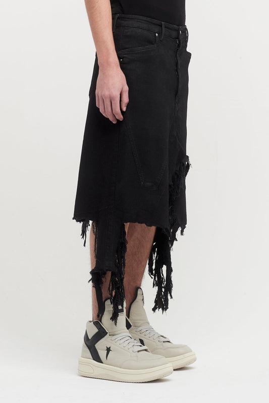 Rick Owens Slivered Mens Skirt in Black Shredded Denim SIDE