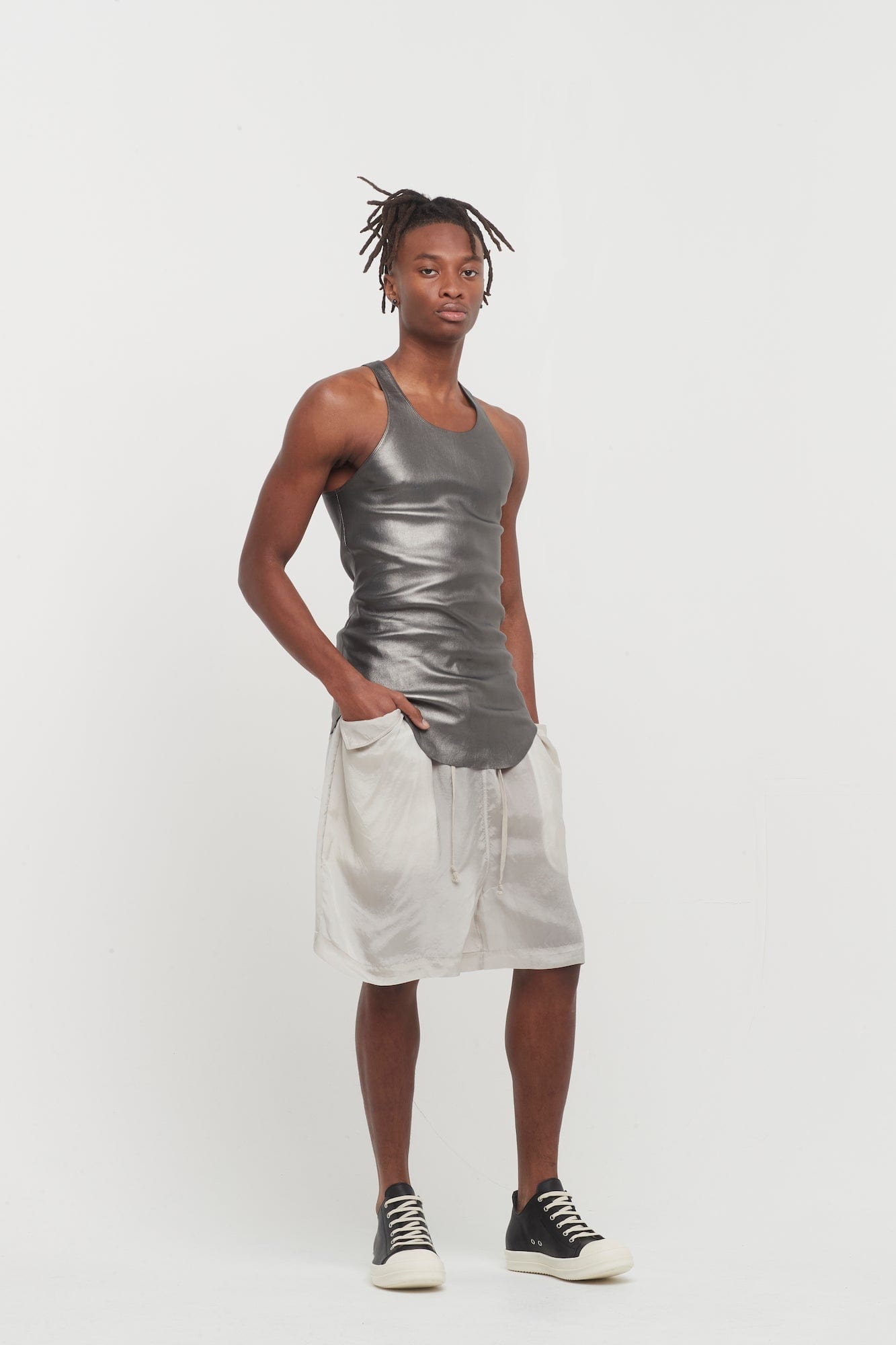 Rick Owens Leather Tank in Gun Metal full look