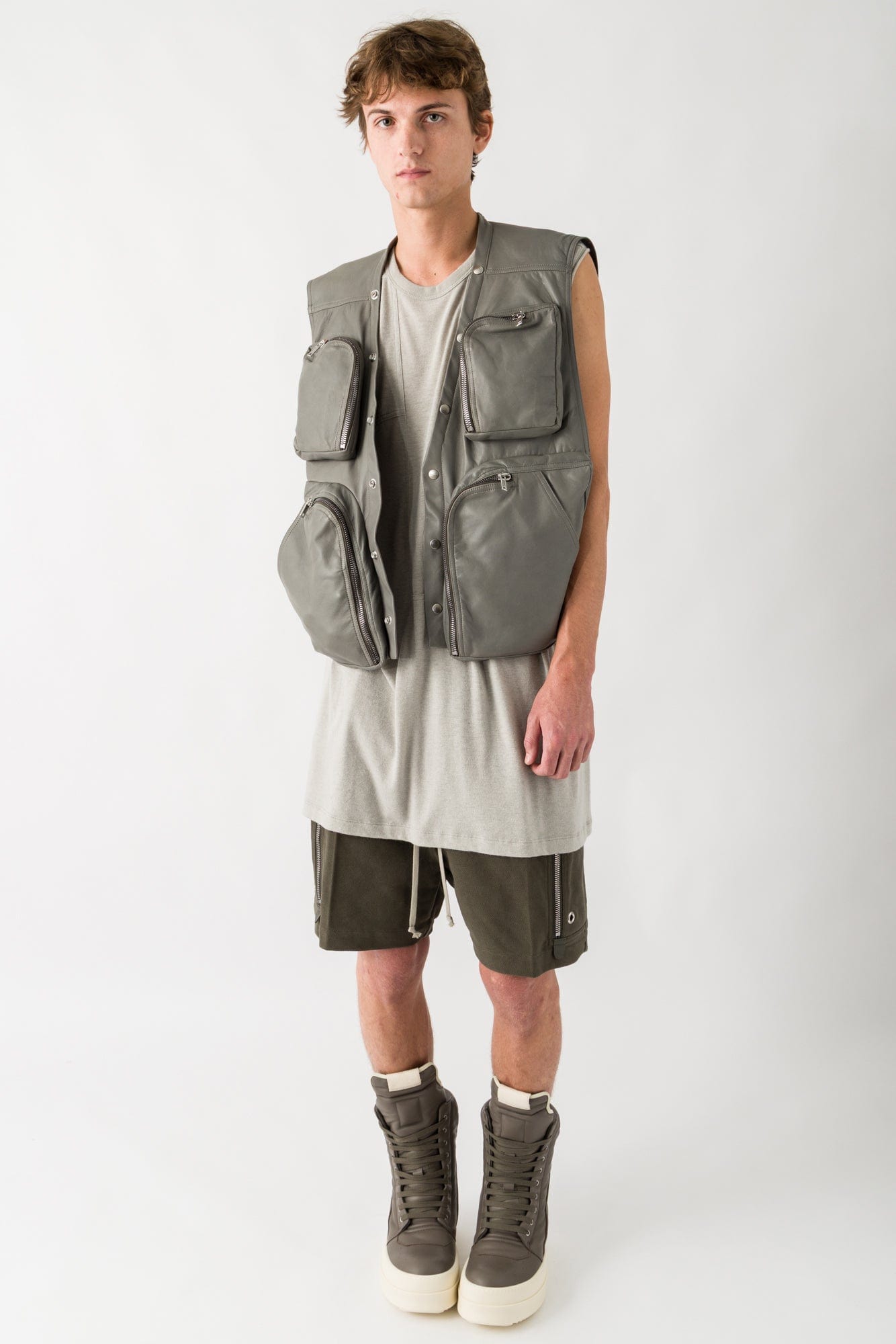 Rick Owens Cargo Vest in Washed Indigo full look