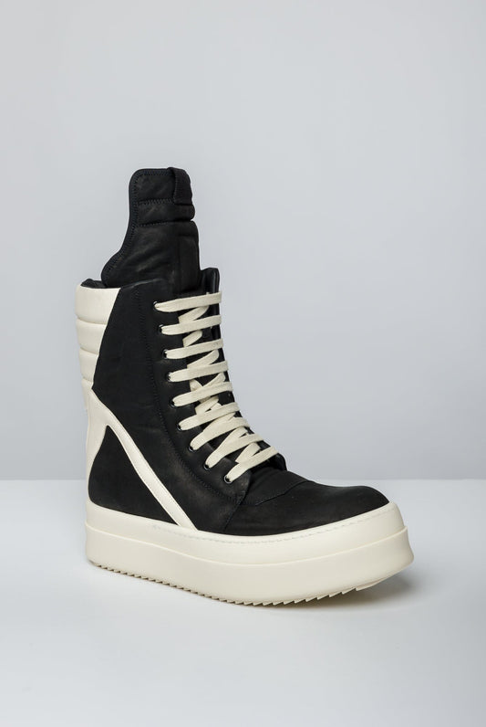 Rick Owens Mega Geobaskets in Black and Milk front angle