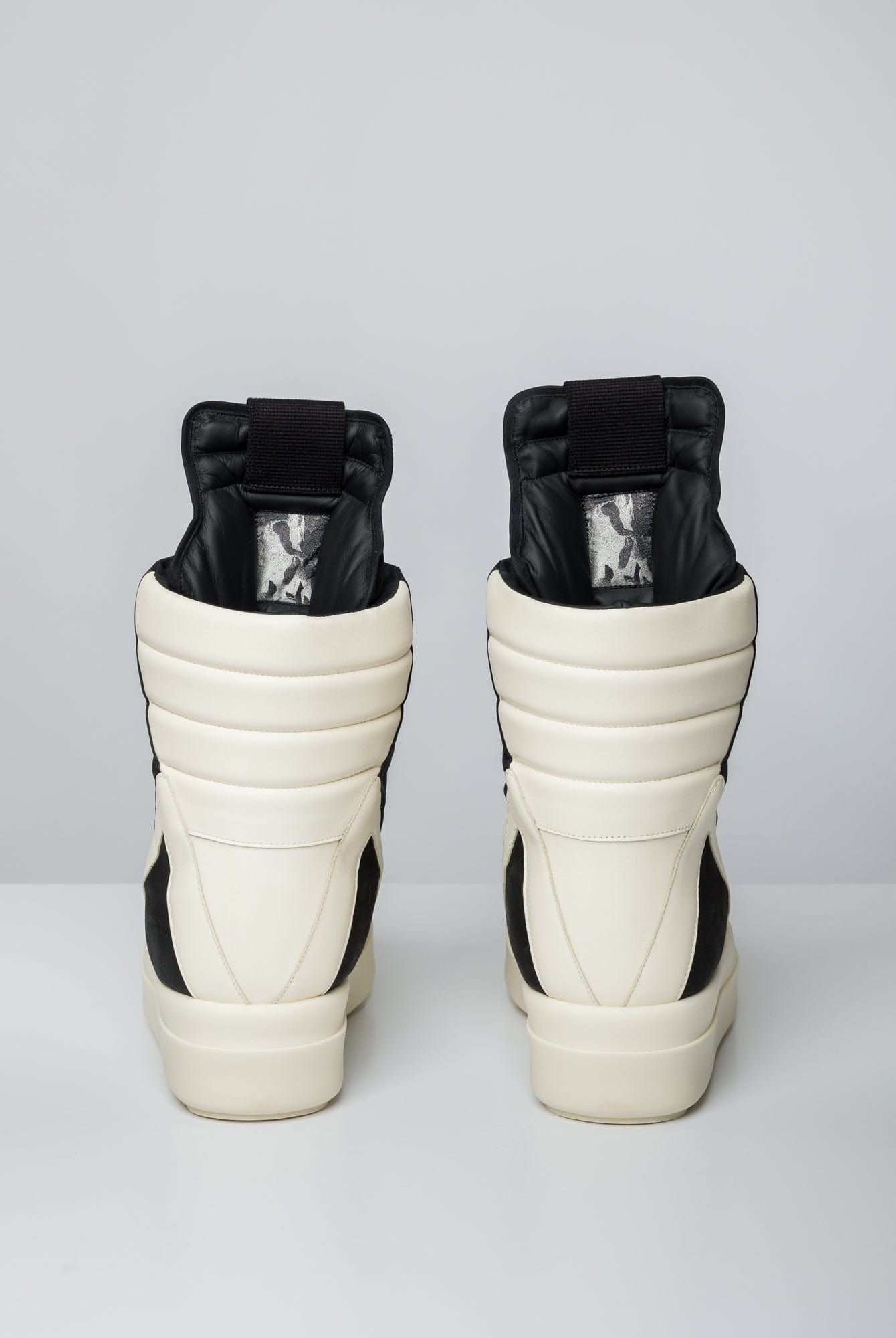 Rick Owens Mega Geobaskets in Black and Milk back both