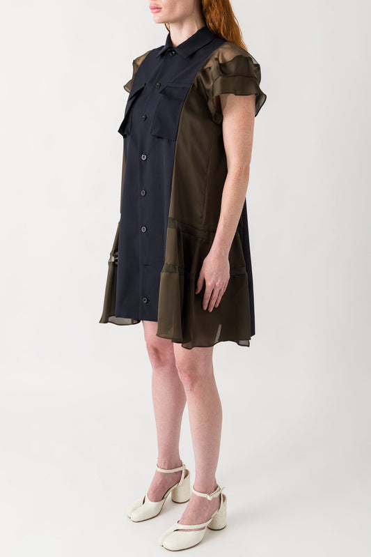 Sacai Suiting x Satin Dress in Navy and Khaki side