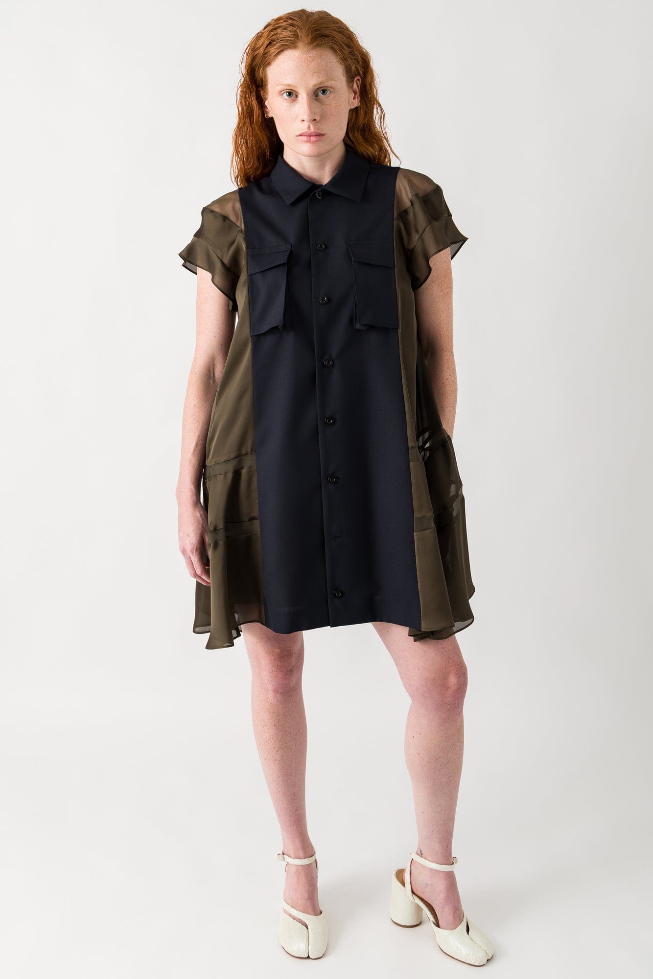 Sacai Suiting x Satin Dress in Navy and Khaki full look