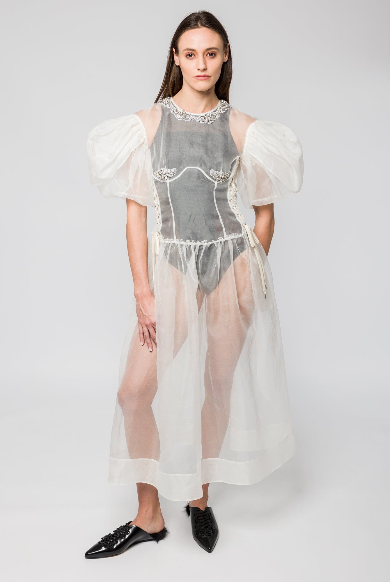 Simone Rocha Petal Sleeve Sculpted Lace Up Corset Dress full look