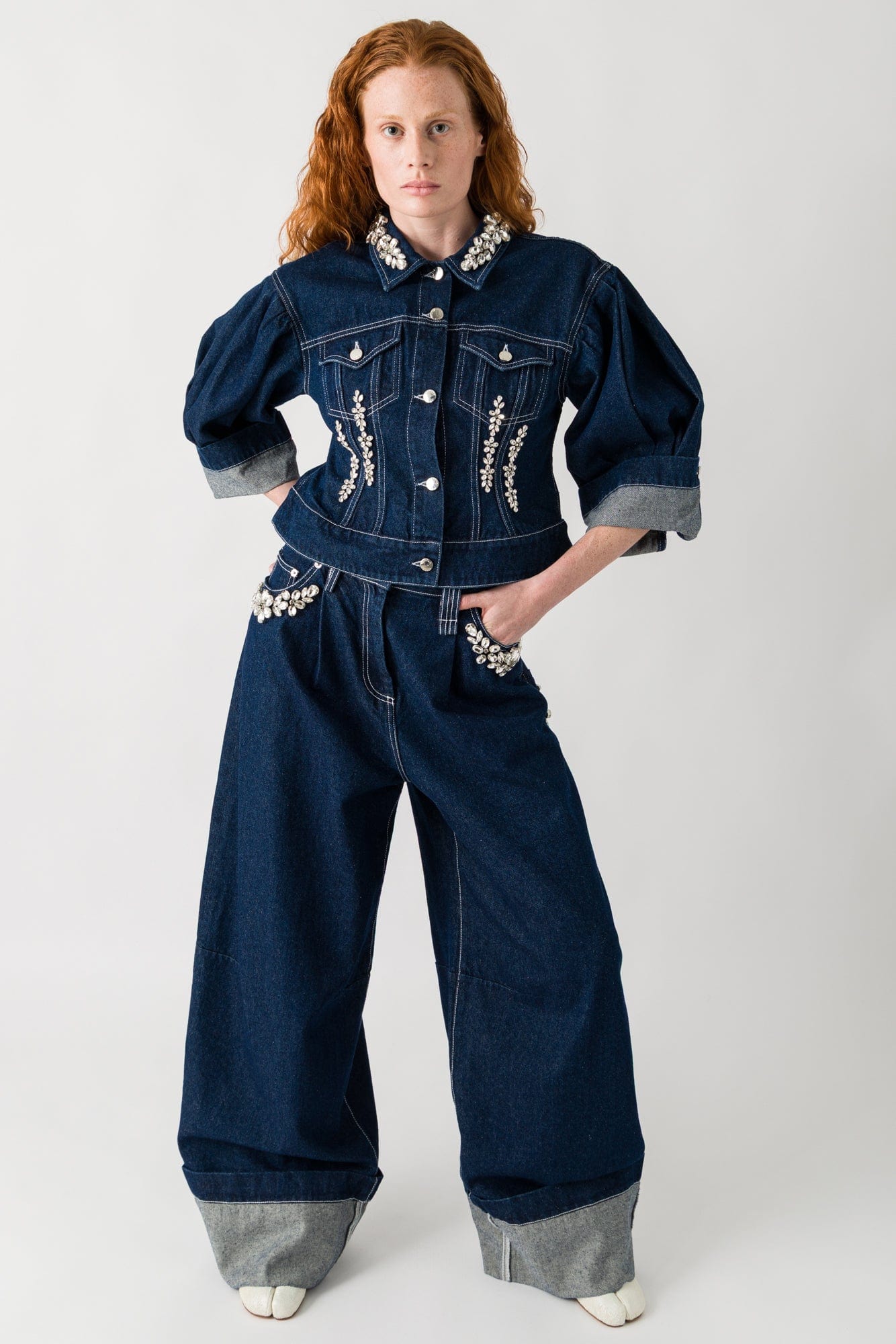 Simone Rocha Wide Leg Puddle Jeans with Turbo Embroidery full look