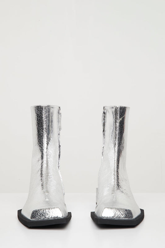 Steven Ma Stacked Heel Boots in Silver Cracked Foil front