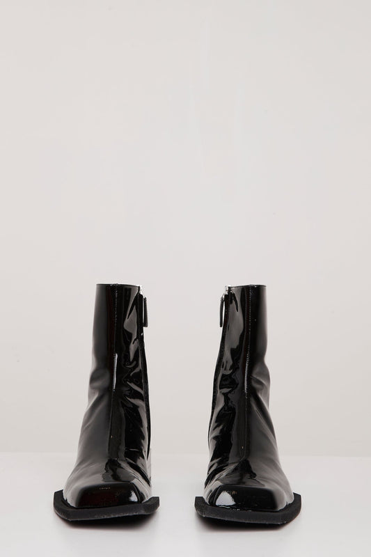 Steven Ma Stacked Heel Boots in Black Patent front