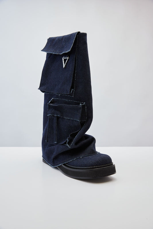 The Attico Robin Fern Boot in Dark Blue Denim front angle