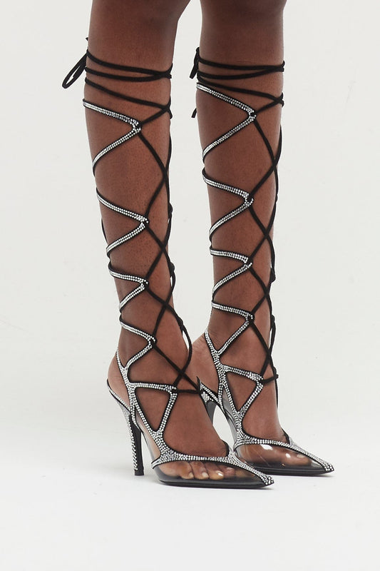 The Attico Venus Chrome boot 105mm in Silver/Black side angle