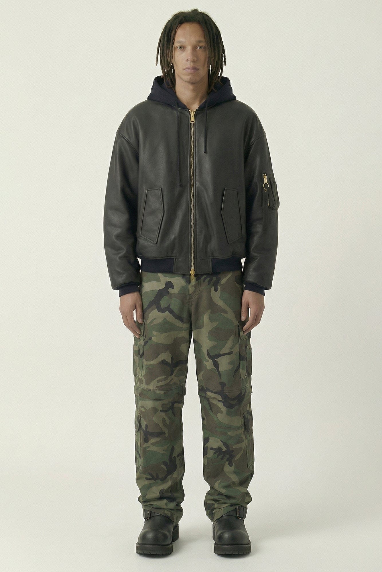 Vetements Leather Bomber with Attached Hood full look