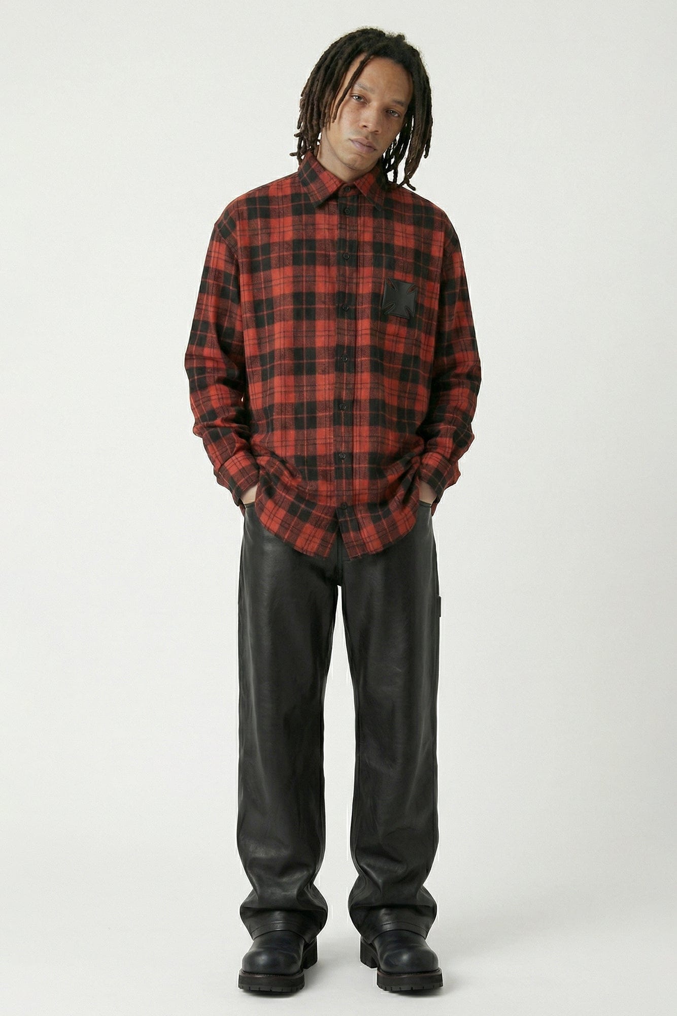 Vetements Leather Cross Flannel Shirt in Red full look