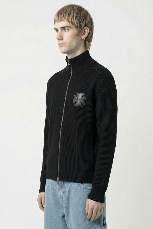 Vetements Leather Cross Zip-Up Sweater in Black side