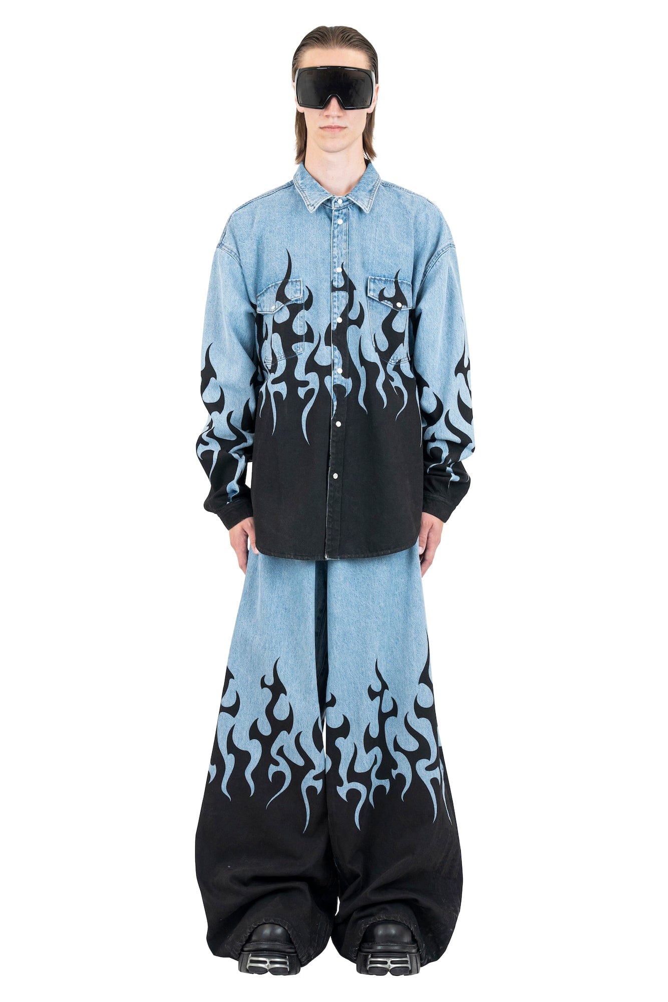 Vetements Flame Print Denim Shirt in Light Blue full look