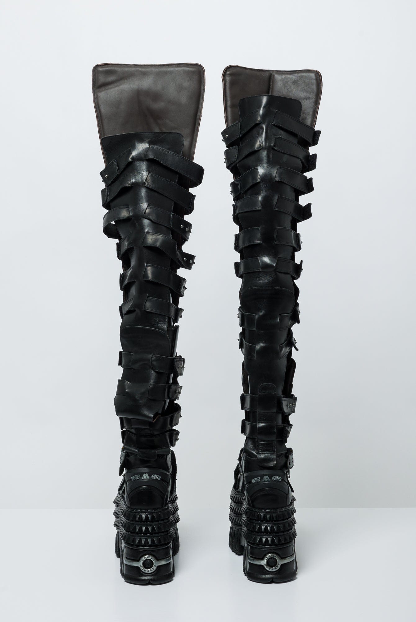 Vetements x New Rock Thigh-High Gamer Boots both back