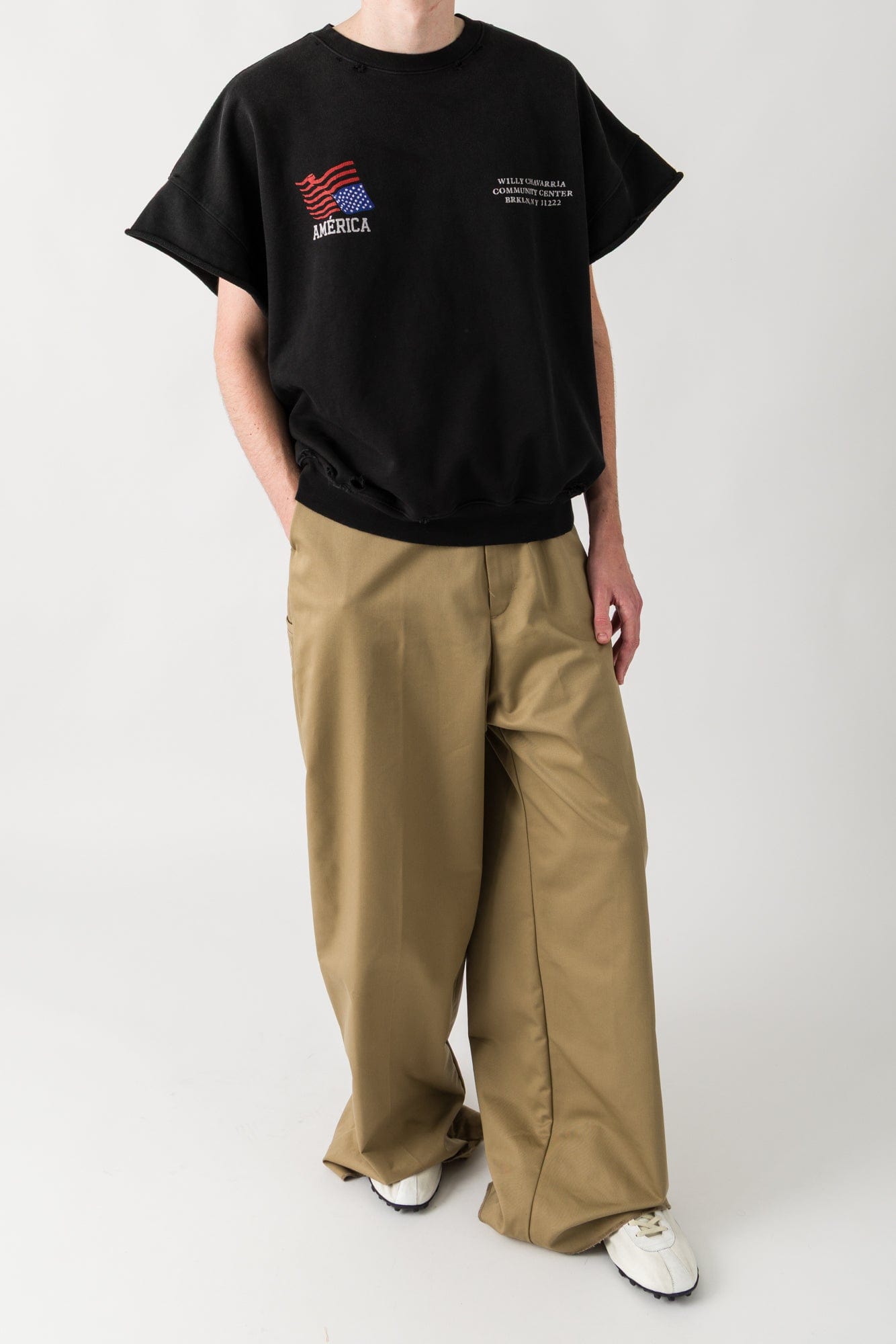 Willy Chavarria America Communiy Center Destroyed Muscle Tee full look