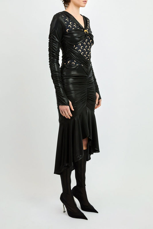 Marine Serre Regenerated Jersey Draped Dress in Black and Tan side