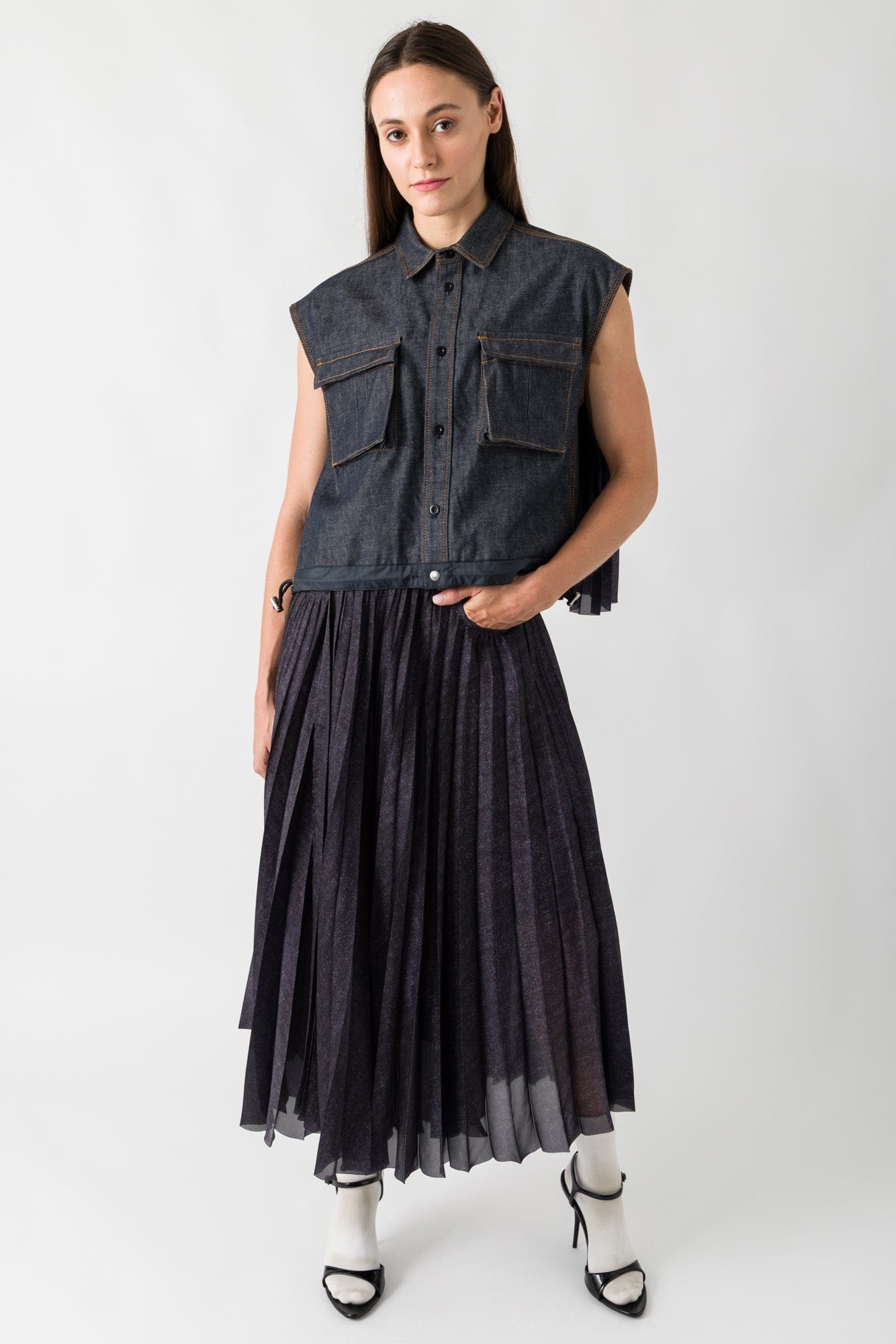 Sacai Denim Mix Skirt full look