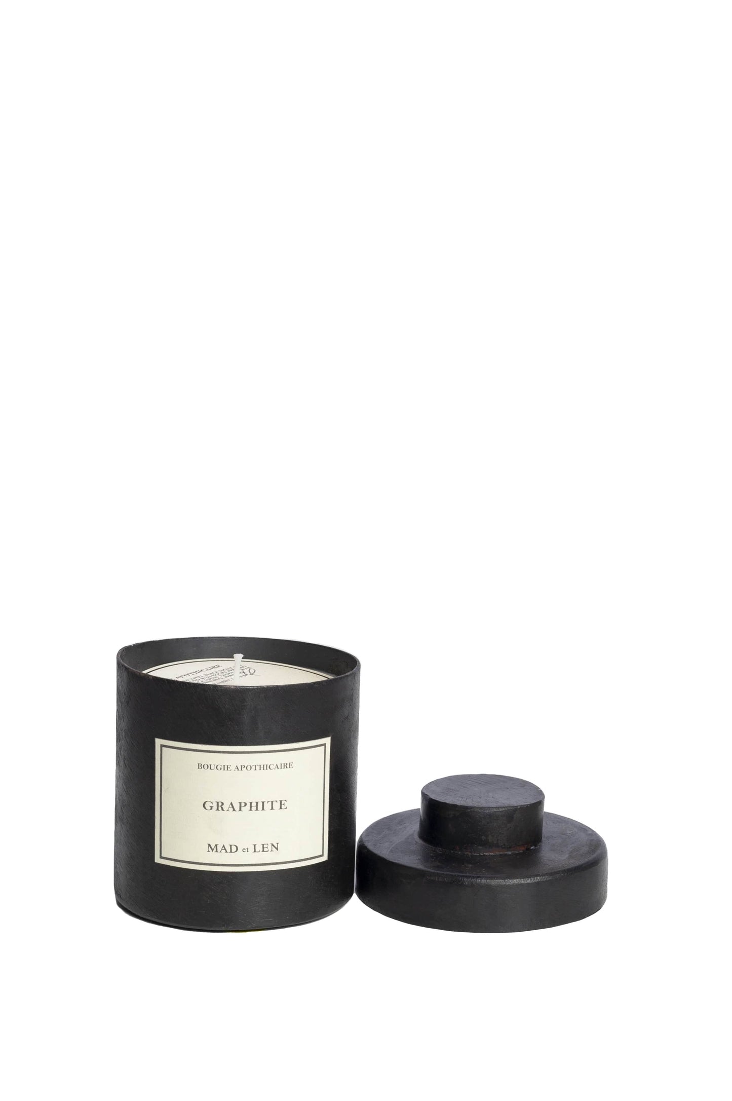 Mad Et Len Petite Graphite Candle with White Wax with lid off