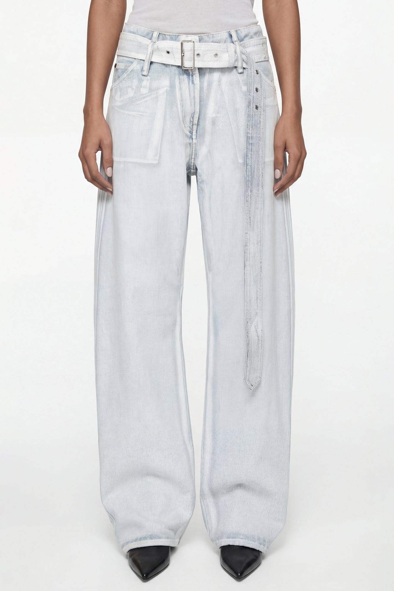 Acne Studios Belted Straight Leg Jeans in Light Wash