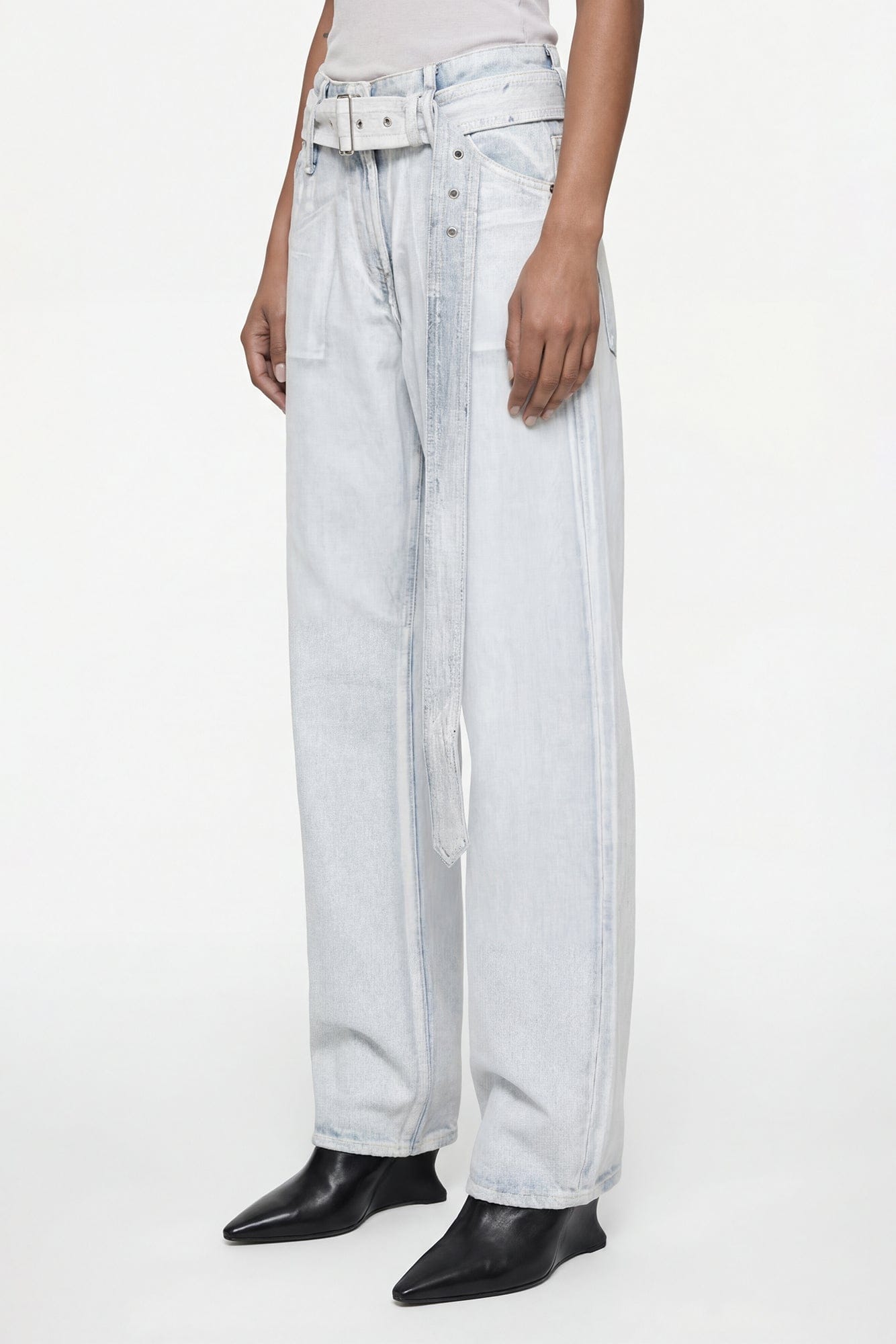 Acne Studios Belted Straight Leg Jeans in Light Wash