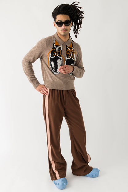 Acne Studios Striped Flare Trousers in Chocolate Brown full look