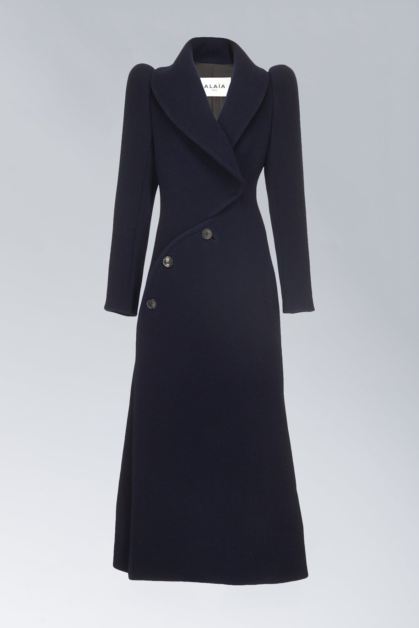 Alaïa Curved Full Length Coat In Marine