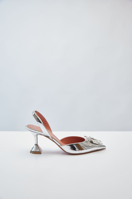 Amina Muaddi Begum Sling 70 in Mirror Silver
