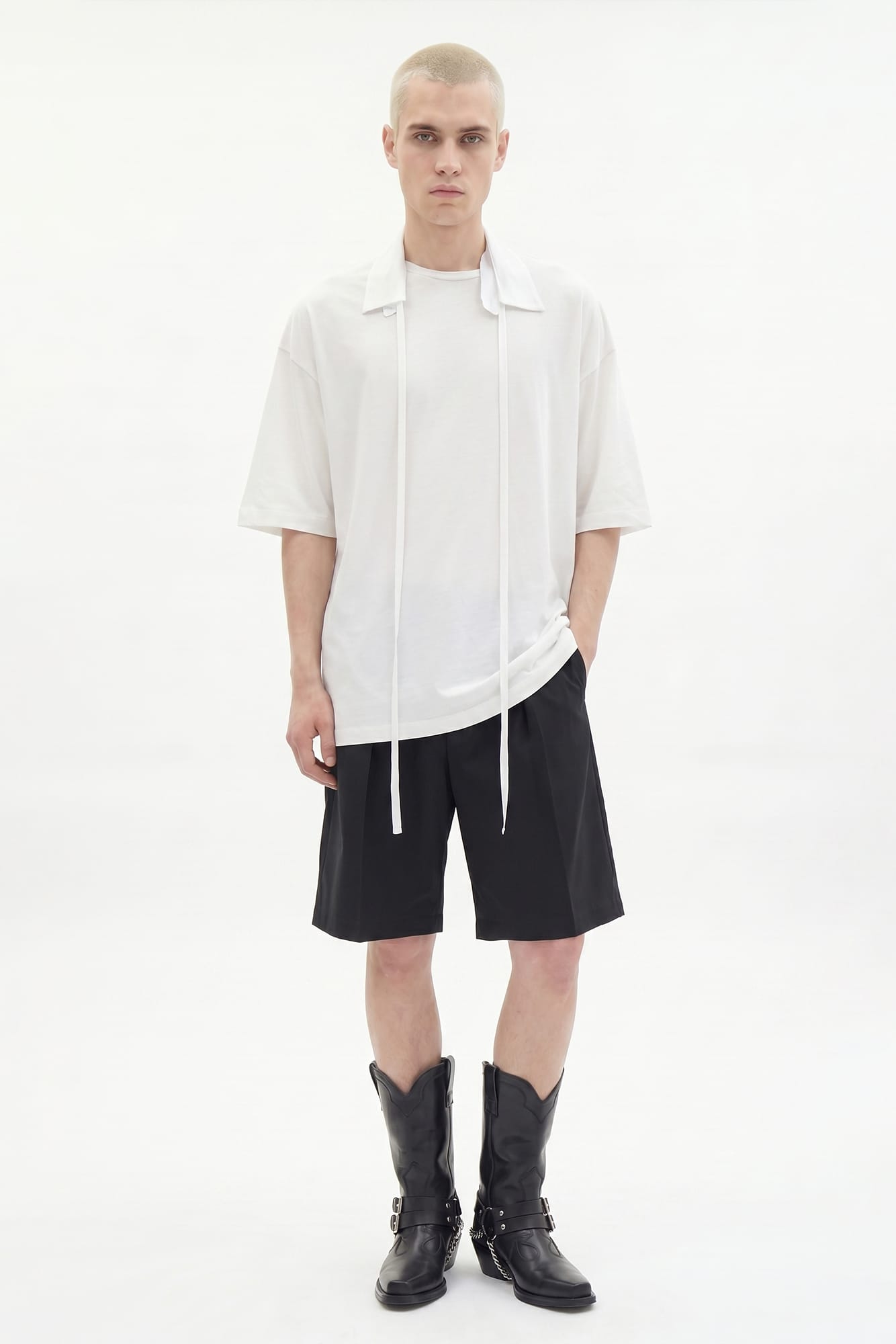 Ann Demeulemeester Danvald High Comfort Collar Detail T-Shirt in Ivory SS26 full look