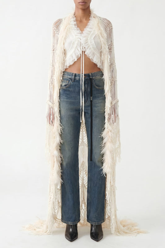 Ann Demeulemeester Ildi Crochet Stole with Feathered Fringes