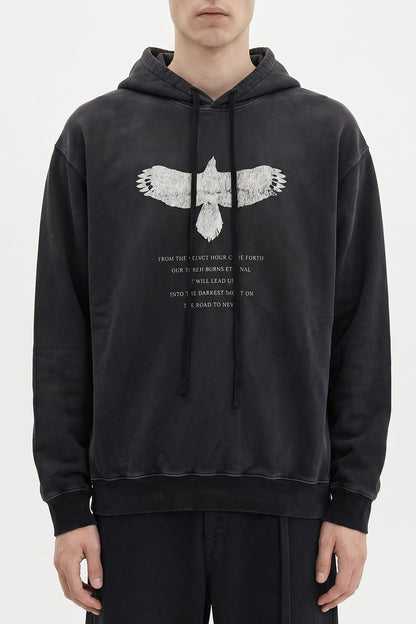 Ann Demeulemeester Ollie Eternal Eagle Printed Hoodie In Faded Black