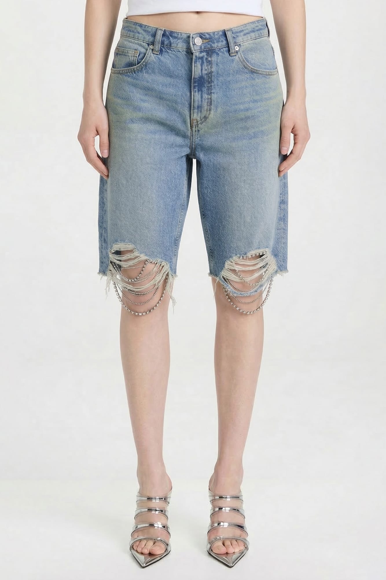 Area Frayed Crystal Jean Shorts