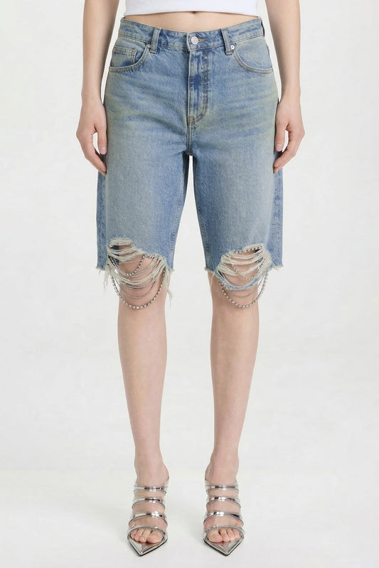 Area Frayed Crystal Jean Shorts